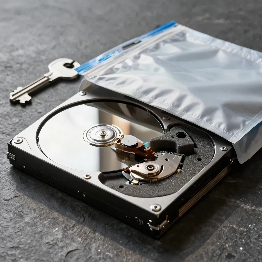 Hard-drive caddy, foam insert, anti-static wrap and archive pouch on dark stone