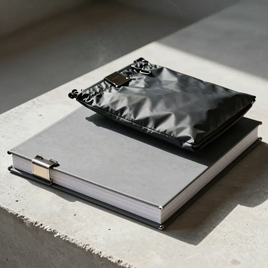 Binder, clips, pouch, and radio on pale concrete in dramatic studio light