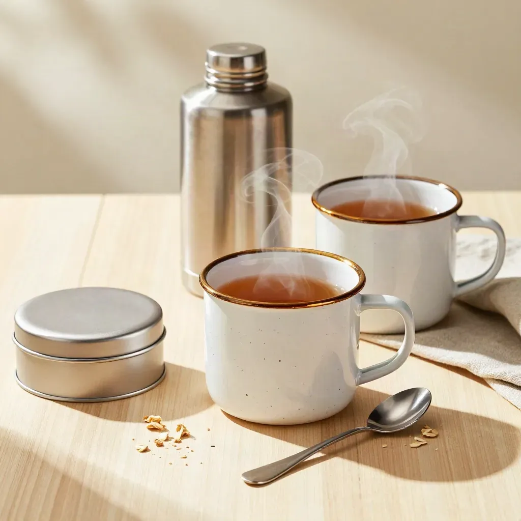 Enamel mugs, flask, biscuit tin and spoon on pale wood with steam and crumbs