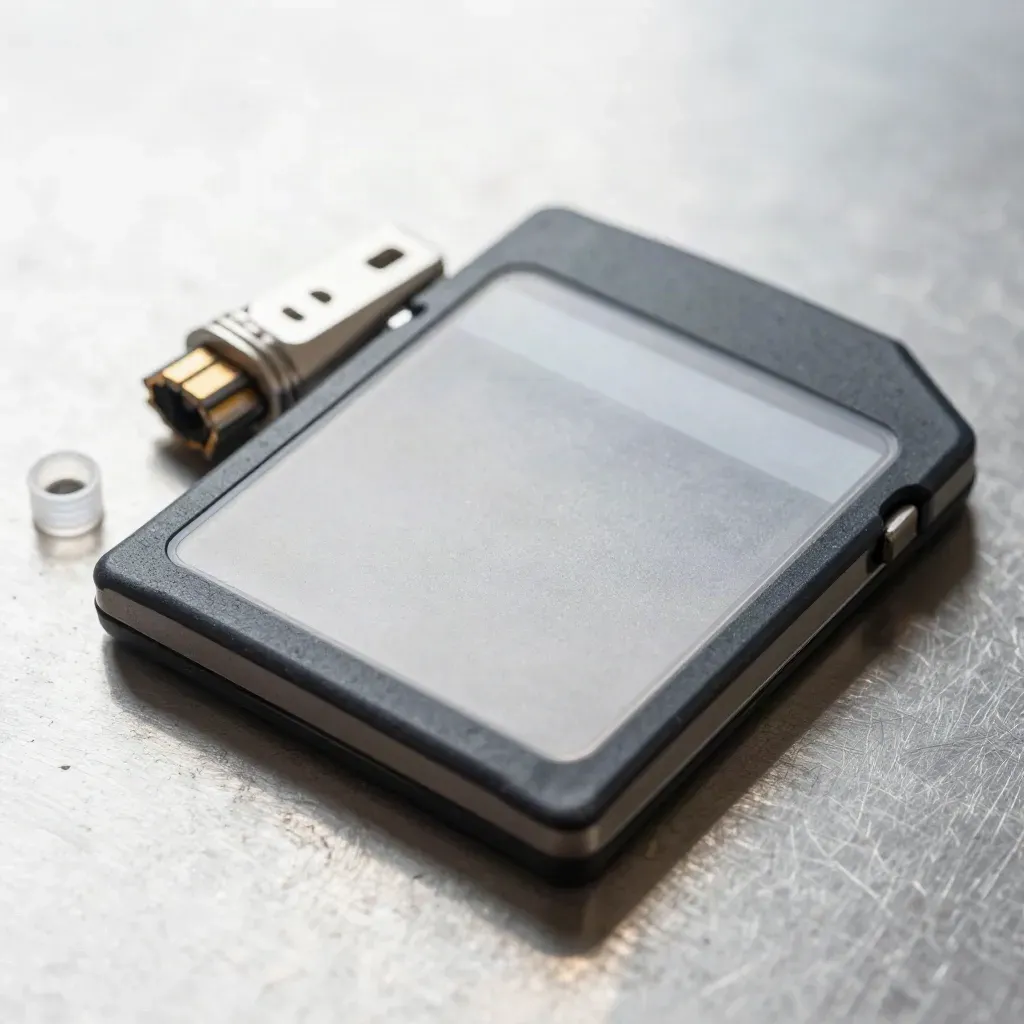 Brushed steel flatlay with memory-card case, cable coupler, sleeve and connector cap in sharp macro.