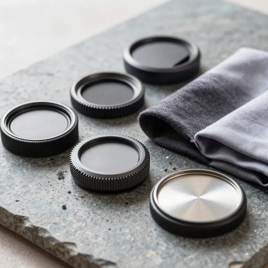 Macro of lens-rental accessories on stone, lined up after return check under hard light.