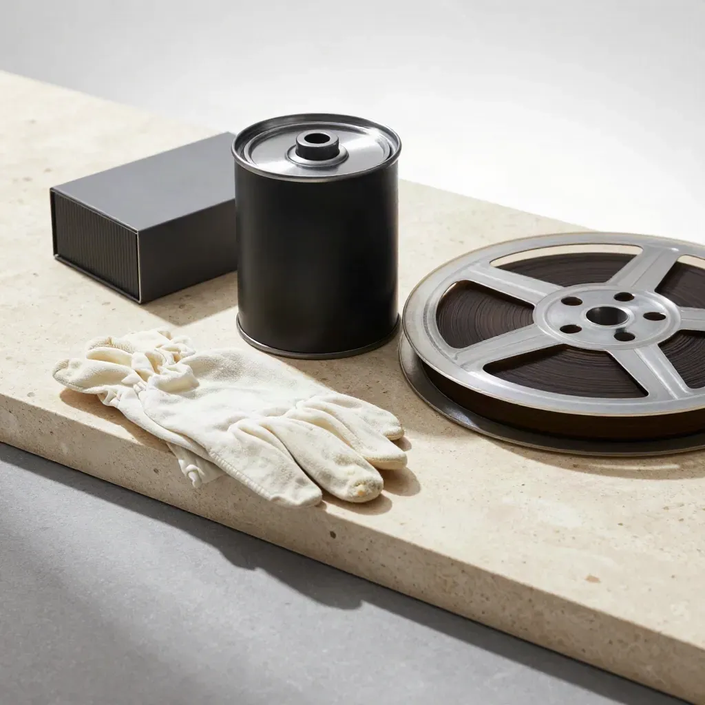 Film can, splice box, gloves and projector reel on brushed metal, lit dramatically