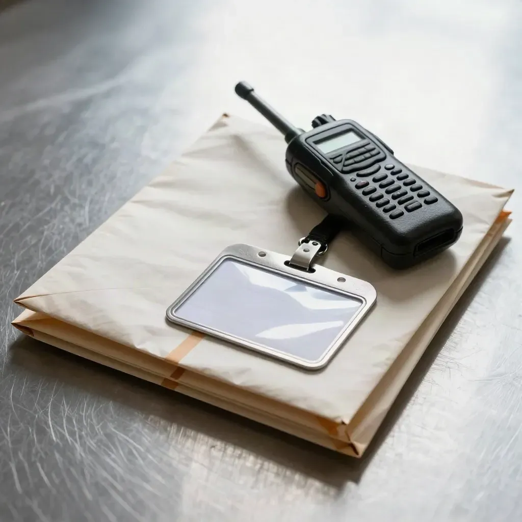 Dispatch envelopes, radio handset, and badge sleeve stacked on brushed aluminium.