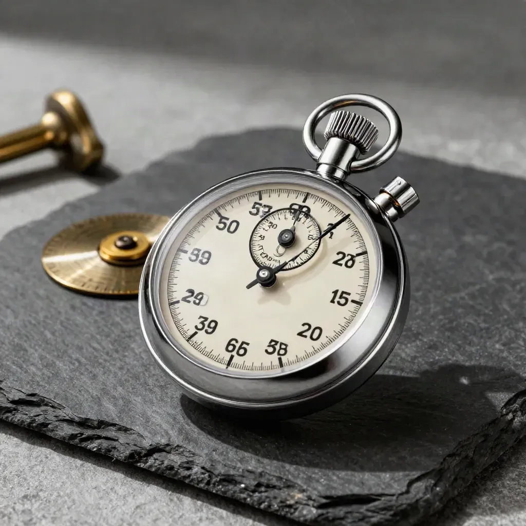 Stopwatch, timing discs, and brass spacer on dark slate under dramatic light.