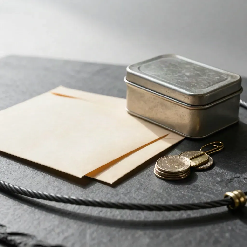 Line producer desk kit with envelopes, cash tin, brass clip and cable loop in macro