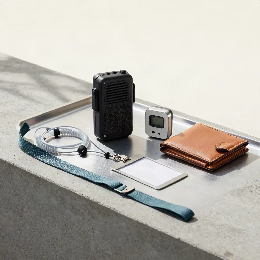Assistant director radio kit with earpiece, timer, ID clip and call-time wallet on concrete