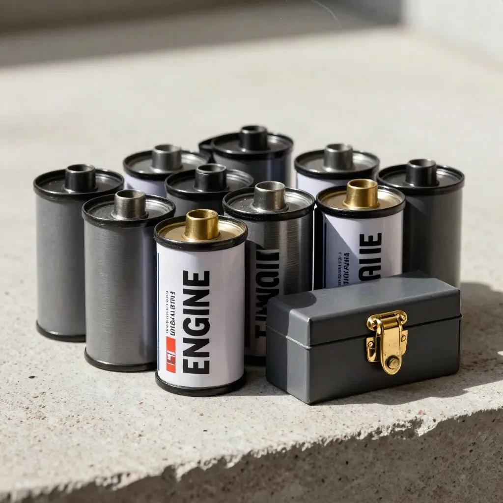 Top-down close-up of film cans, SSD sleeves, brass clips and a lockbox on pale concrete.