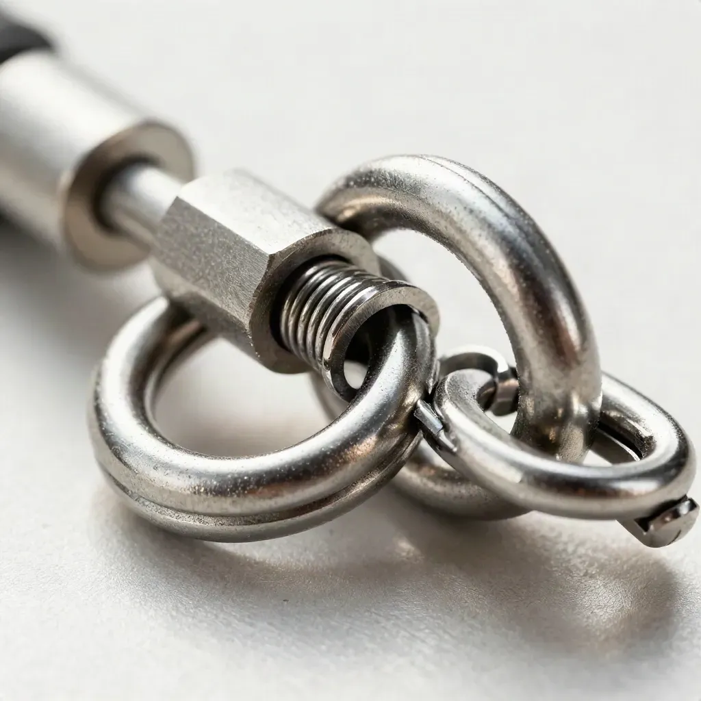 Overhead macro of aluminium rings, a spring clip and connector blocks on brushed steel