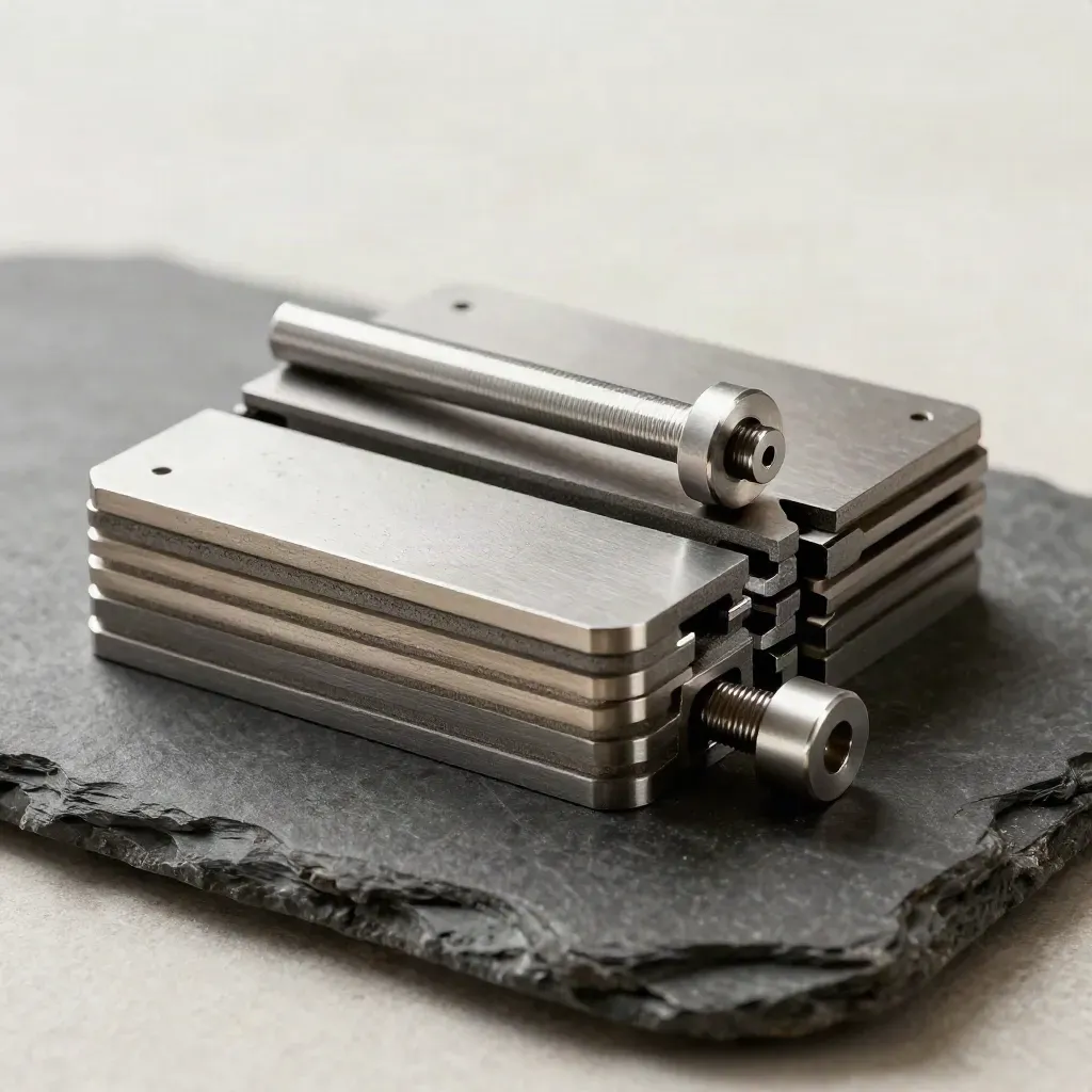 Machined metal plates, locking pin, and spacer on dark stone in dramatic studio light.