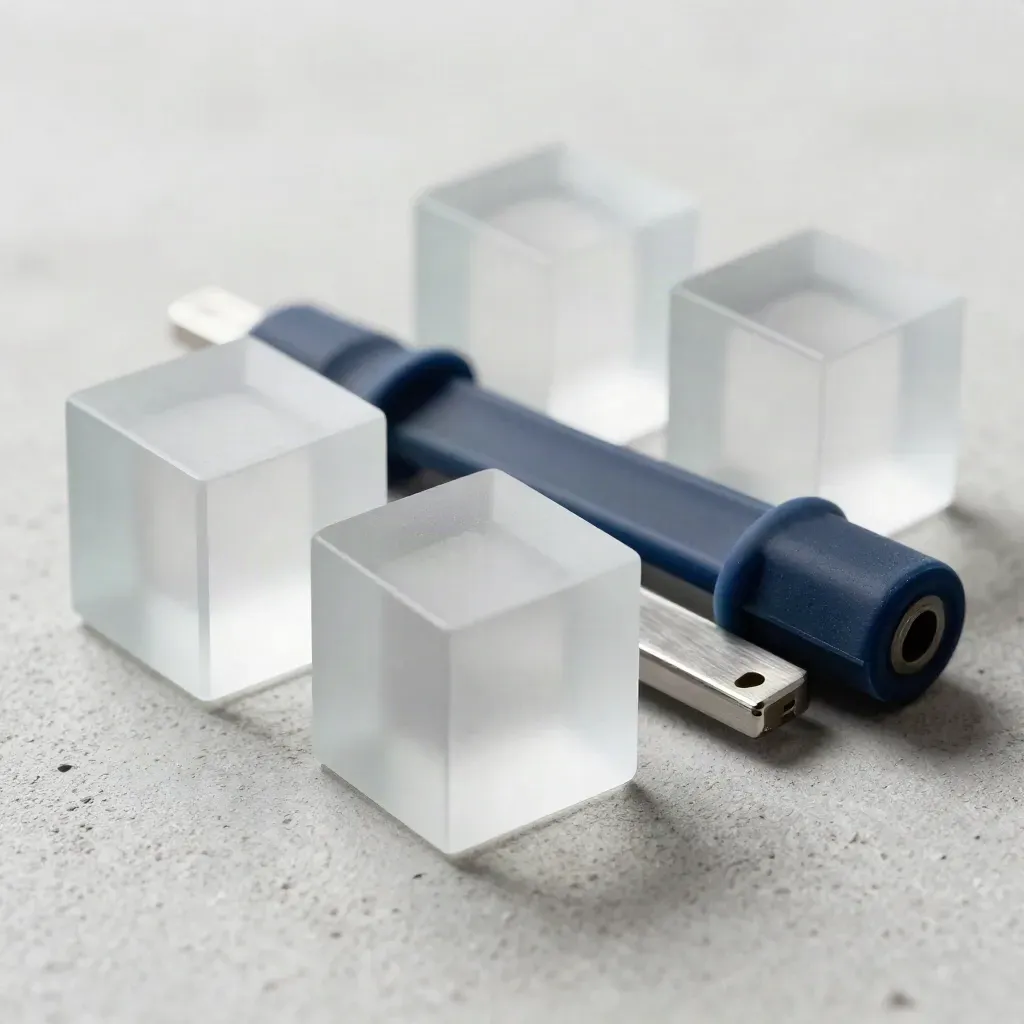 Frosted glass cubes and connectors on concrete, lit with a cool directional haze
