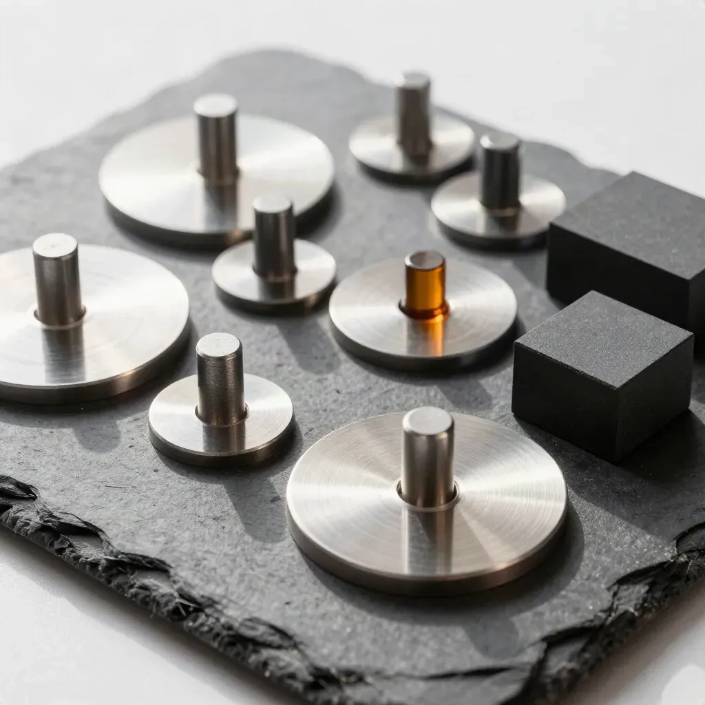 Metal discs, alignment pegs, and blocks form a polished grid on slate under soft light.