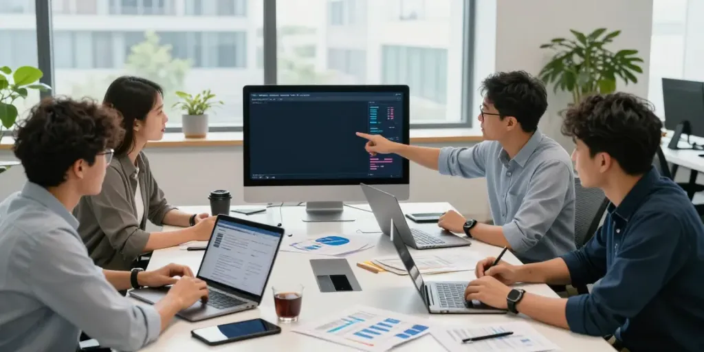 SaaS sponsored content team strategizing in UK office, engaging in discussion.