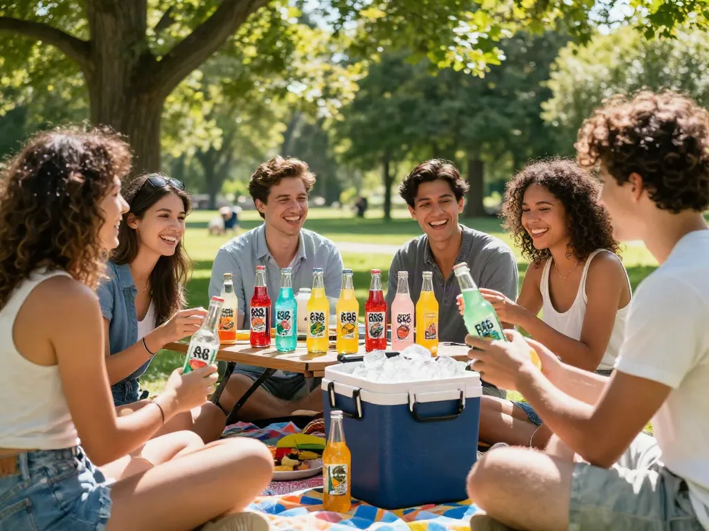 Friends enjoying ROKOK88 Soda Fresh at a sunny picnic, highlighting the lively atmosphere.